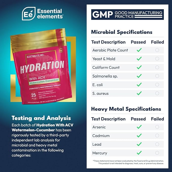 Essential Elements Hydration Packets - Watermelon Cucumber - Electrolytes Powder No Sugar - Electrolyte Drink Mix - Superior Hydration with ACV & Vitamin C - 50 Stick Packs