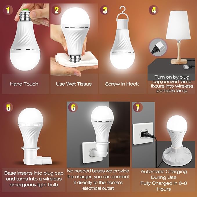 Emergency Rechargeable Light Bulbs, Battery Powered LED Light Bulb Daylight E26 12W 60W Equivalent with 1500mAh for Home Power Outage Camping Hiking(6 Bulbs,3 Plug Caps, 3 Hooks,3 socket adapter)