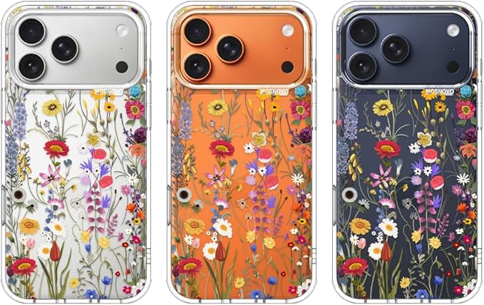 MOSNOVO for iPhone 17 Pro Max Case | Military Grade 6.6ft Drop Tested | Camera Control | Clear with Wildflower Meadow Design