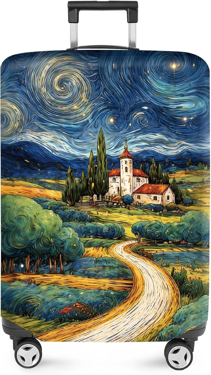 ANNA QUEEN Starry Night Landscape Luggage Cover, Artistic Oil Painting Style Suitcase Protector for 32-34 Inch Bags
