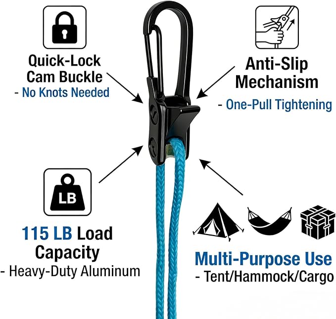 Rope Tightening Tool & Tensioner:6 Pack Rope with Roller Tensioner for Easy and Secure Tying,Heavy Duty Retractable Buckle with Accessory Cord for Camping Boating Home Storage Outdoor Use (Black 6)