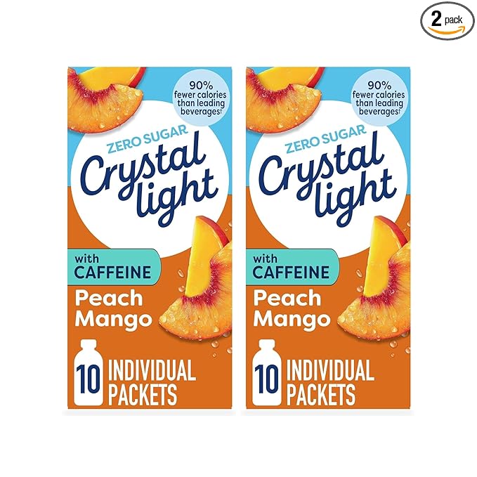 Crystal Light On The Go Peach Mango With Caffeine Drink Mix, 10-Packet Box, 0.7 OZ (Pack of 2)