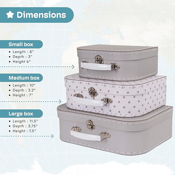 Jewelkeeper Paperboard Suitcases, Set of 3 Vintage Decorative Storage Box, Luggage Decor Storage, Vintage Decor for Birthday, Weddings, Grey Stars Design