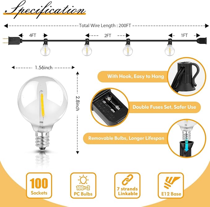 Brightever 200FT Outdoor String Lights Dimmable LED Outside Patio Lights with 100+4 Shatterproof G40 Globe Edison Bulbs, Connectable Commercial String Hanging Lights for Backyard Party Porch Garden