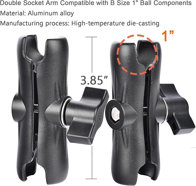 VAUBORTTI 1" Ball Phone Mount – Aluminum Alloy Arm & Base, Double Ball Joint, 360° Adjustable, Screw-Mounted Base, Fits RAM B Size System – Universal Holder for Car, Truck, Van, Desk, Wall, Dashboard