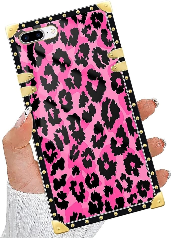 Compatible with iPhone 8 Plus 7 Plus Case, Pink Black Leopard Luxury Golden Decoration for Girl Women Soft TPU Shockproof Protective Hard PC Back for iPhone 8 Plus 7 Plus