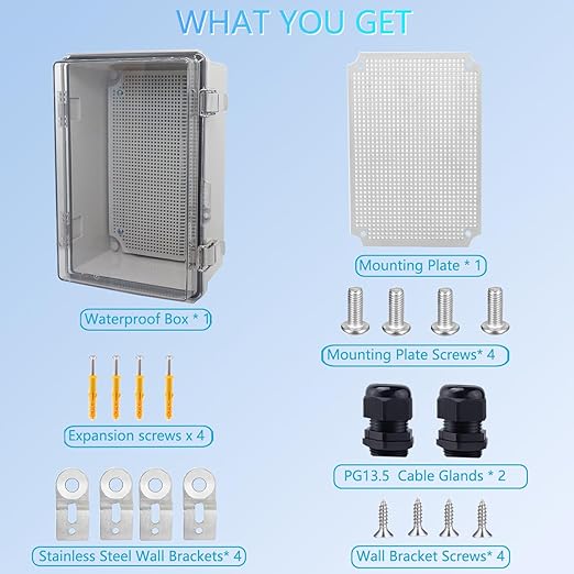 IP67 Waterproof Junction Box, ABS Plastic Electrical Enclosure with Stainless Steel Latch, Hinged Cover Electric Box with Mounting Plate, Wall Brackets & Cable Glands 290x190x140