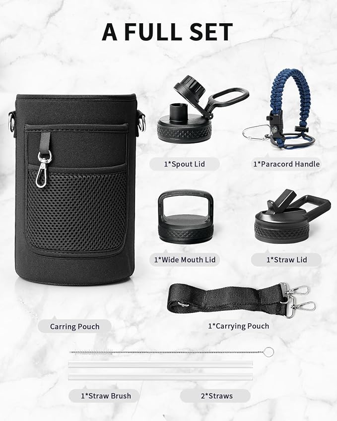 Trebo Water Bottle 64oz with Paracord Handle, Half Gallon Large Vacuum Triple Wall Stainless Steel Insulated Water Jug with Holder Strap Straw Spout Lids, Leakproof Keep Cold & Hot,Classic Blue