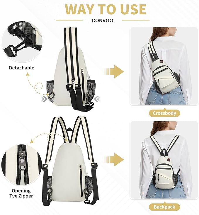 Small Crossbody Bag Casual Sling Bag for Men, Convertible Backpack, 3-in-1 Anti-Theft Shoulder Bag Trendy Daypack for Travel, Beige