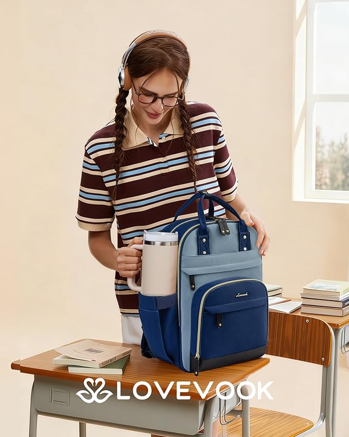 LOVEVOOK Laptop Backpack for Women with Giant Tumbler Holder Pocket,15.6 inch School College Bookbag Nurse Teacher Backpack,Work Travel Backpack Purse Laptop Computer Bag,Indigo blue-Mint green-Indigo