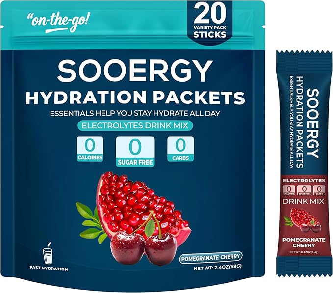 Electrolytes Powder Packets Sugar Free Hydration Packets, Liquid Daily IV Electrolyte Drink Mixex for Rehydration with Electrolytes, Vitamins, 0 Calorie, Cherry Pomegranate 20 Sticks