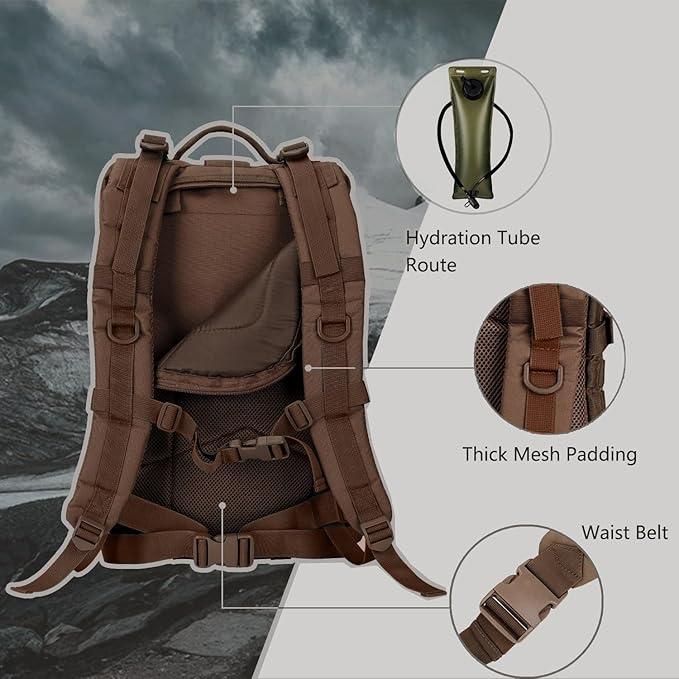 Hannibal Tactical MOLLE Assault Backpack, Tactical Backpack Military Army Camping Rucksack, 3-Day Pack Trip w/USA Flag Patch, D-Rings, Dark Brown