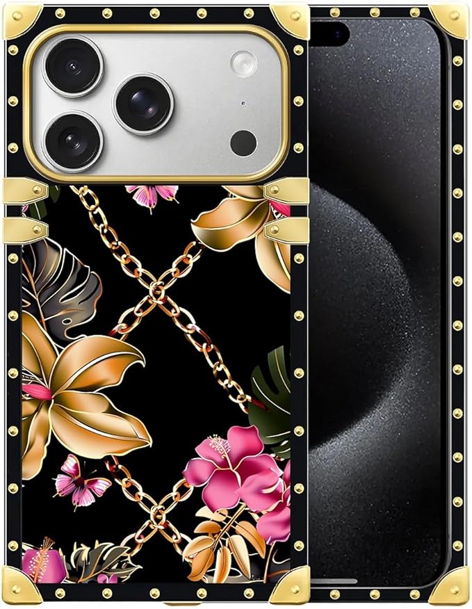 for iPhone 17 Pro Case Luxury Golden Decoration for Girl Women Soft TPU Shockproof Protective Hard PC Back for iPhone 17 Pro Crazy Pattern Pink Golden Chain Tropical Flower