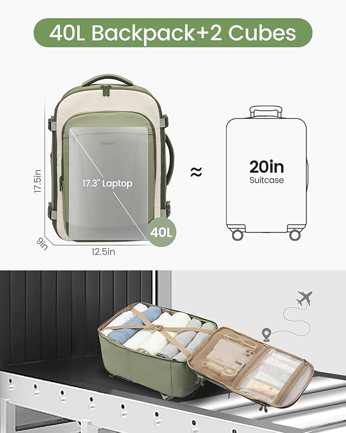LOVEVOOK 40L Travel Backpack for Women & Men, Airline Approved Carry On Backpack, TSA Personal Item Bag fits 17.3 Inch Laptop, Waterproof Weekender Overnight Bags Suitcase for Work, Light Green