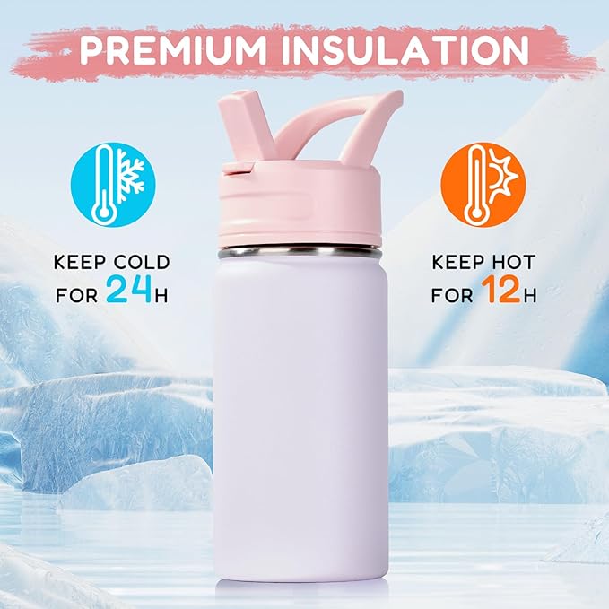 Fijinhom 12oz Kids Water Bottle for School, Toddler Bottles with Straws, Stainless Steel Vacuum Insulated Water Bottle for Boys&Girls, Leak-Proof, BPA-Free, Luck