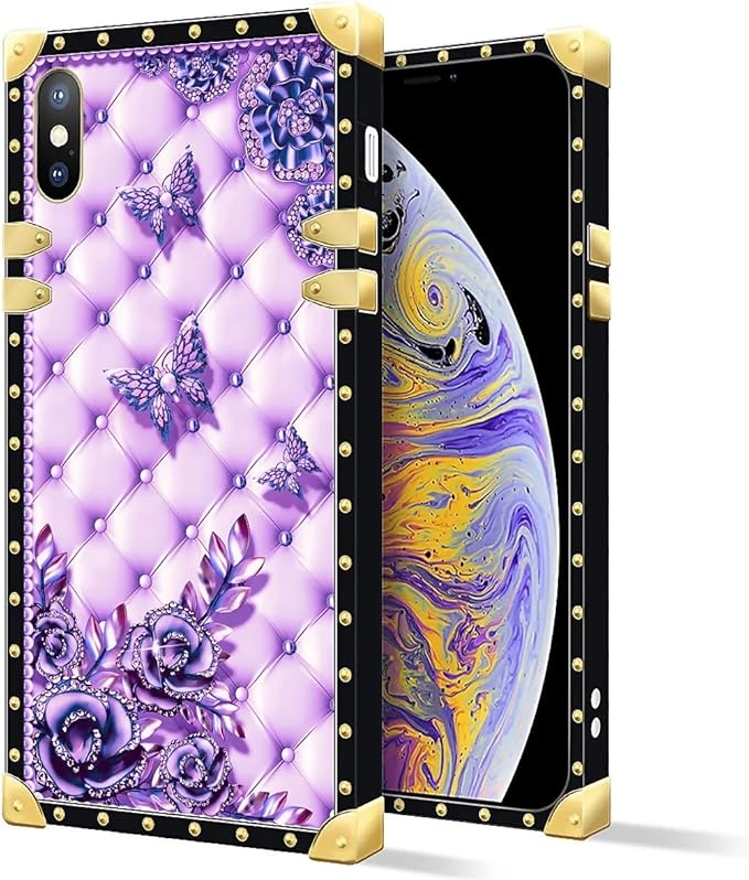 Compatible with iPhone Xs Max Case, Purple Butterfly Flowers Leaf Luxury Golden Decoration for Girl Women Soft TPU Shockproof Protective Hard PC Back for iPhone Xs Max