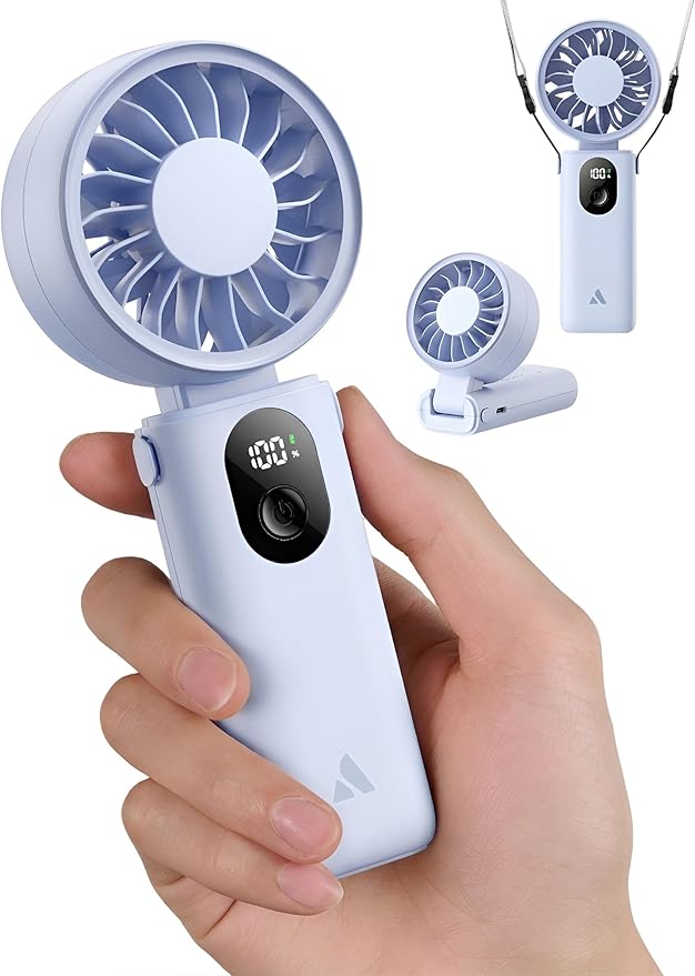 Aecooly Mighty Portable Handheld Fan | 20H Max Cooling Time | 3 Flexible Modes | 5 Speeds Wind | Battery Level Display | USB Rechargeable Mini Personal Battery Powered, Gifts for Women, Travel -Blue