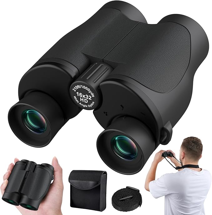 Aurosports 16x32 Binoculars for Adults and Kids - 16x High Power Binoculars for Detail Observation - Low Light Vision Easy Focus Compact Binocular for Bird Watching Hunting Travel Gifts for Men