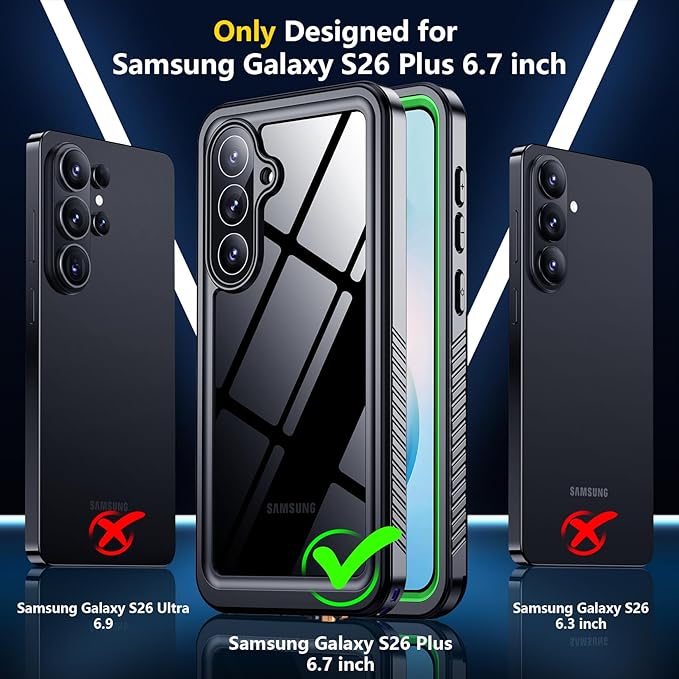 SPIDERCASE for Samsung Galaxy S26 Plus Case, Built-in Lens & Screen Protector Military Shockproof IP68 Underwater Full Body Sealed Phone Case Protection for Samsung Galaxy S26 Plus 6.7",Green/Clear