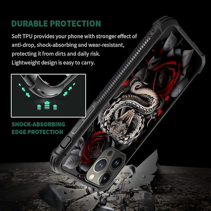 for iPhone 15 Pro Max Case, Entwined Rose Snake Pattern Graphic Design Girl Boy Soft Silicone Hard Acrylic Shock Protection for iPhone 15 Pro Max