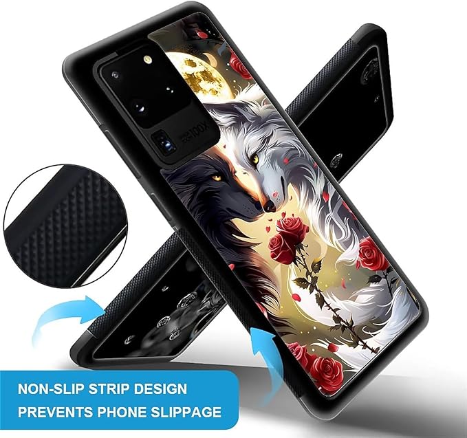 for Samsung Galaxy S20 Ultra Case, Black White Wolf Moon Flower Rose Pattern Graphic Design Girl Boy Soft Silicone Hard Acrylic Shock Protection for Samsung Galaxy S20 Ultra