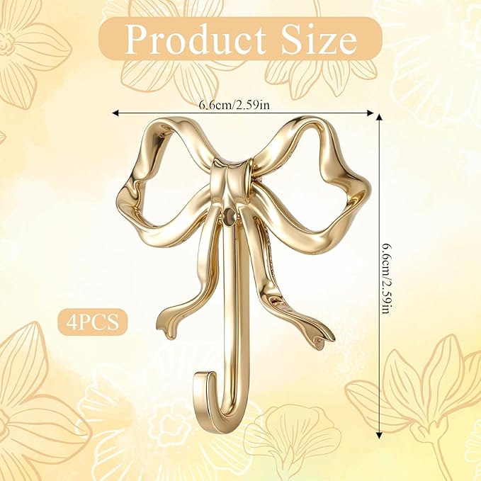 WLLHYF Small Bow Hook, 4 Pcs Bowknot Hook Decorative Bow Wall Decor Towel Hooks Multi-Purpose Hat Bright Yellow Gold Finish Wall Hooks for Bathroom Living Room Decor Hanging Coat