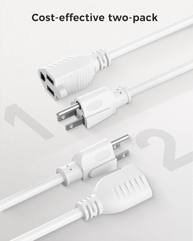 [UL Listed] Cable Matters 2-Pack 16 AWG Heavy Duty 13A Short Power Extension Cord - 1ft, 3 Prong Power Cord Extension, NEMA 5-15P to NEMA 5-15R, White