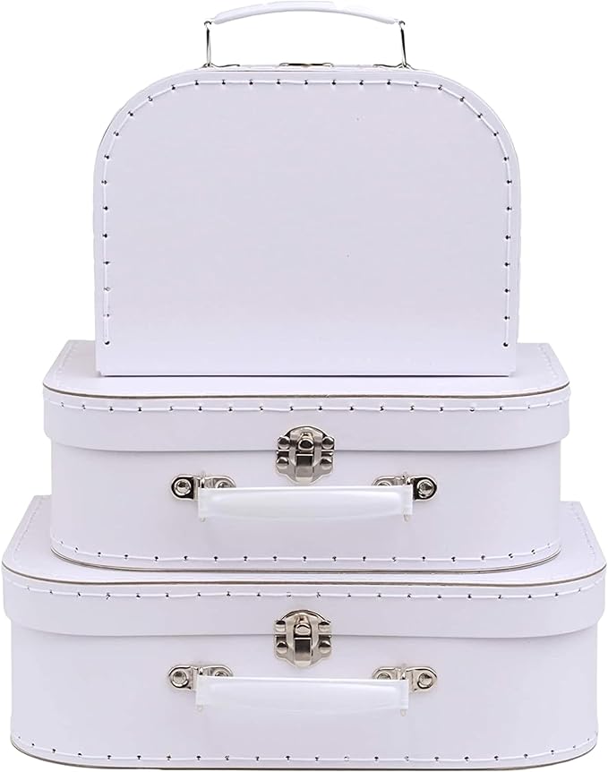 Jewelkeeper Paperboard Suitcases, Set of 3 Vintage Decorative Storage Box, Luggage Decor Storage, Vintage Decor for Birthday, Weddings, White Design