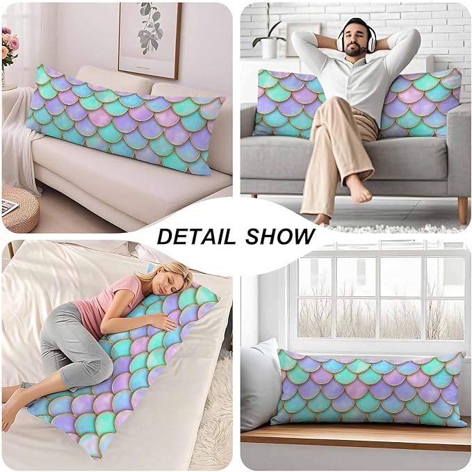 Body Pillow Covers Mermaid Body Pillowcase 20"X54", Mermaid Scales Couch Body Pillow Cases for Home Bedroom, Outdoor Body Cushion Cover for Men Women