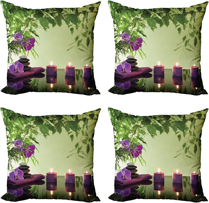 Ambesonne Spa Throw Pillow Cushion Case Pack of 4, Stones Aromatic Candles and Orchids Blooms Treatment Vacation, Modern Accent Double-Sided Digital Printing, 18", Green Purple