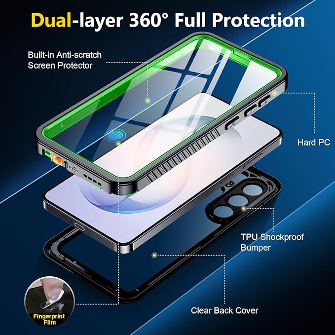 SPIDERCASE Designed for Samsung Galaxy S26 Case Waterproof,Built-in Screen & Camera Lens Protector[IP68 Underwater] [Military Grade Shockproof] Full Body Protection Phone Case,Green/Clear