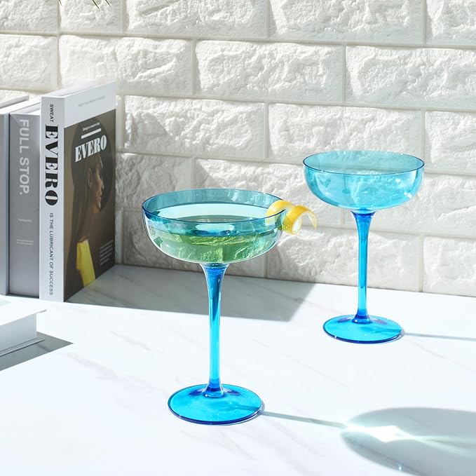 Acrylic Shatterproof Martini, Margarita, Champagne & Cocktail Unbreakable Glasses | Set of 2 | Large Plastic Coupe Glasses 15oz, Tritan Drinkware, BPA-free, Reusable, Pool, Indoor & Outdoor (Blue)
