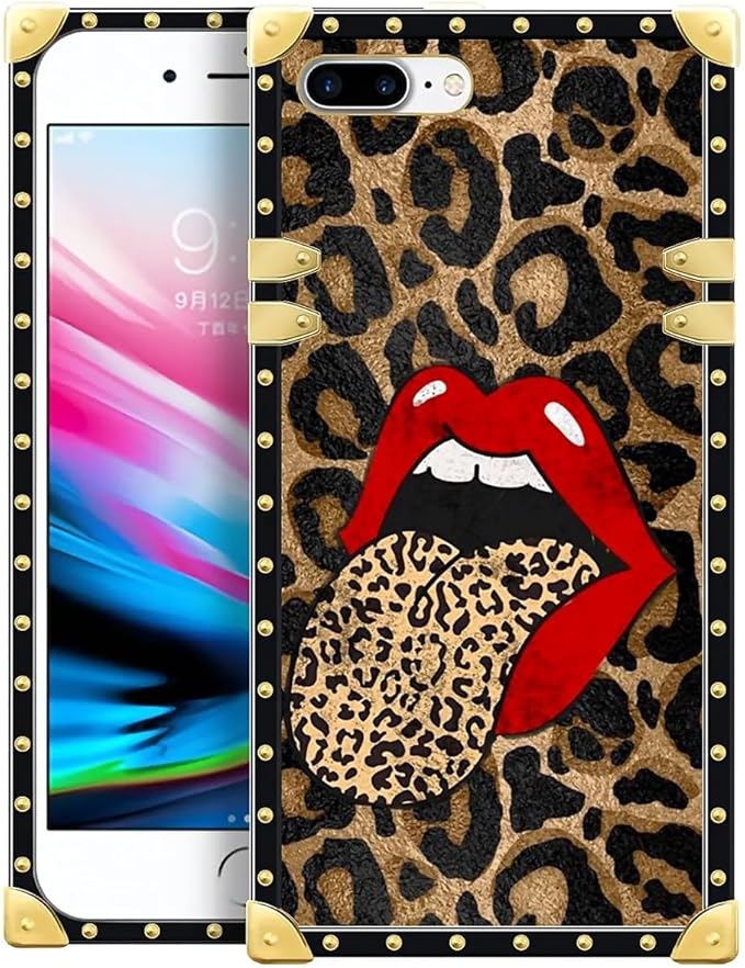 Compatible with iPhone 8 Plus 7 Plus Case, Brown Leopard Print Mouth Luxury Golden Decoration for Girl Women Soft TPU Shockproof Protective Hard PC Back for iPhone 8 Plus 7 Plus