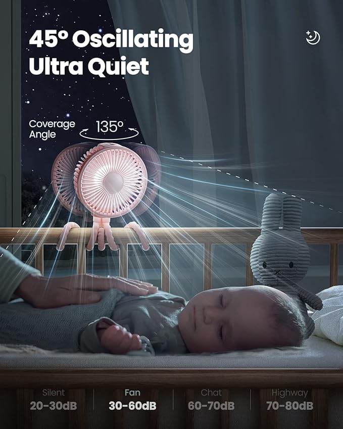 Gaiatop Baby Stroller Fan, 4000mAh Oscillating Mini Portable Fan with Light, 4 Speeds Battery Operated Small Handheld Desk Fan, 360° Rotate Flexible Tripod Clip On Fan for Car Seat Crib Travel Pink