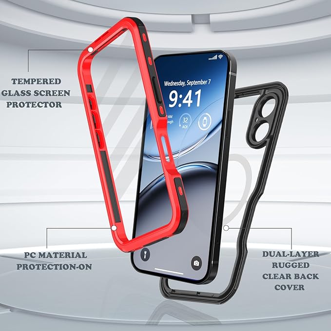 for iPhone 16 Case Waterproof, [Shockproof] [Dustproof] [IP68 Waterproof] Full-Body Hard Case Built-in [Lens Screen Protection] for Diving Case (Red, for iPhone 16 6.1in)