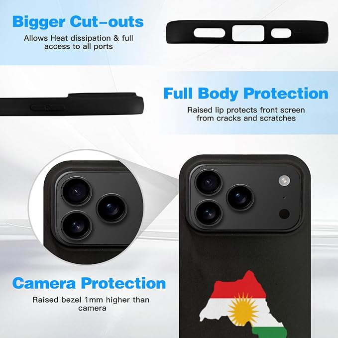 Kurdistan Kurdish Kurds Flag Map Case Compatible with iPhone 17 Pro Drop Protection Shockproof Anti Fingerprint Funny Novelty Phone Cover Slim Fit Silicone Black