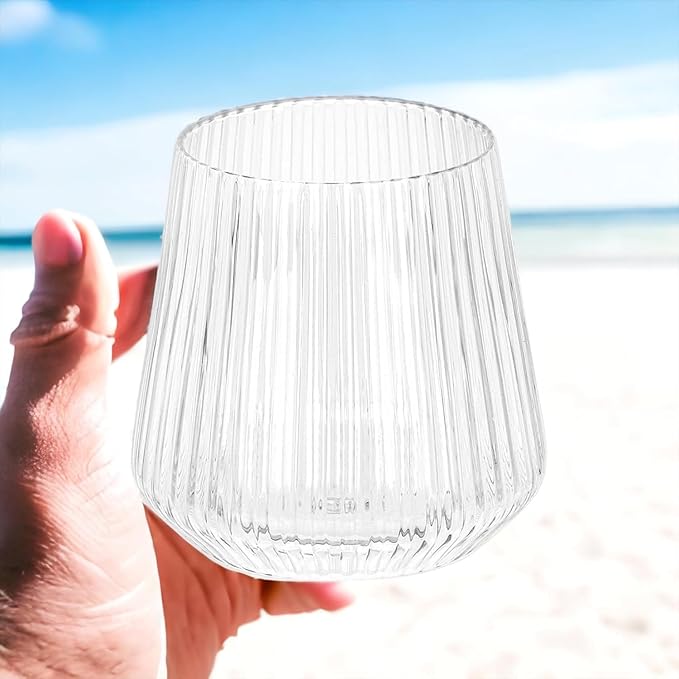 Oojami 48 Pack Ribbed Origami Ripple Plastic Glasses, 24 Stemless 9oz Champagne Flutes & 24 12oz Cups - Reusable BPA-Free Shatterproof Disposable Drinkware for Wedding Party Bar (Clear)