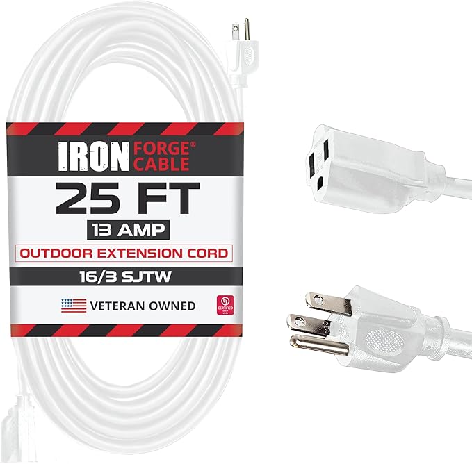 Iron Forge Cable Weatherproof 25 Ft Outdoor Extension Cord - 16/3 SJTW Heavy Duty White Extension Cord 3 Prong - 13 Amp Exterior Power Cable