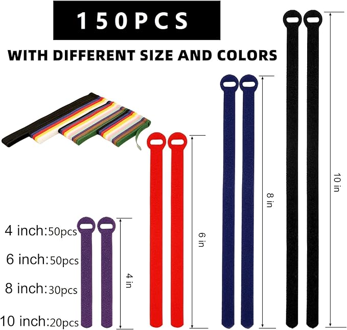150PCS Cable Ties，4+6+8+10 Inch Reusable Cable Management, Multi-Purpose Adjustable Cord Organizer，Fastening Microfiber Cloth Hook and Loop Cable Organizer Wire Straps，Assorted Colors