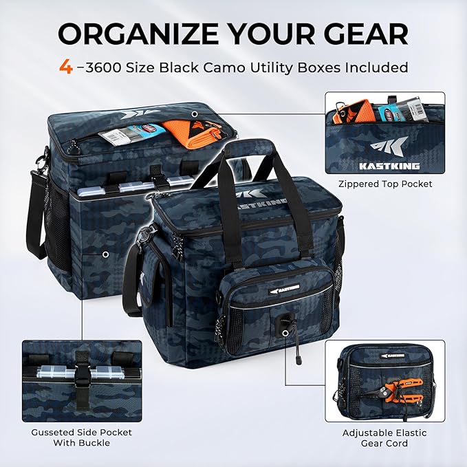 KastKing BaitSpace Fishing Tackle Bag With 4 Tackle Boxes & Removable Bait Binder, Water-Resistant Tackle Storage, Durable Fishing Gear, Adjustable Shoulder Strap