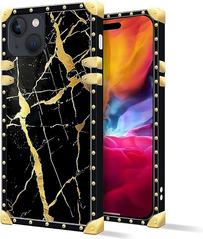 Compatible with iPhone 15 Case, Black Gold Marble Nature Luxury Golden Decoration for Girl Women Soft TPU Shockproof Protective Hard PC Back for iPhone 15