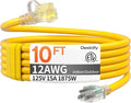 12awg 10 FT Heavy Duty Outdoor Extension Cord Waterproof with Lighted End, 12 Gauge Extension Cord Flexible and Cold Resistant 3 Prong Grounded Plug,Yellow 15Amp 1875W SJTW ETL Listed