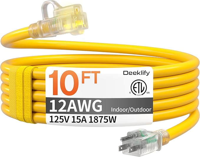 12awg 10 FT Heavy Duty Outdoor Extension Cord Waterproof with Lighted End, 12 Gauge Extension Cord Flexible and Cold Resistant 3 Prong Grounded Plug,Yellow 15Amp 1875W SJTW ETL Listed