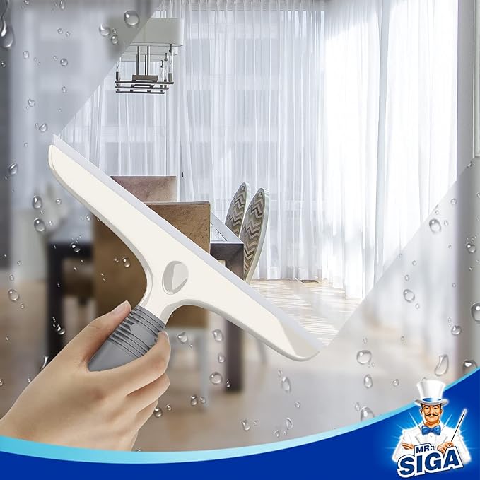 MR.SIGA Multi-Purpose Silicon Squeegee for Window, Glass, Shower Door, Car Windshield, Heavy Duty Window Scrubber, Includes Suction Hook, 10 inch, White & Gray, 2 Pack