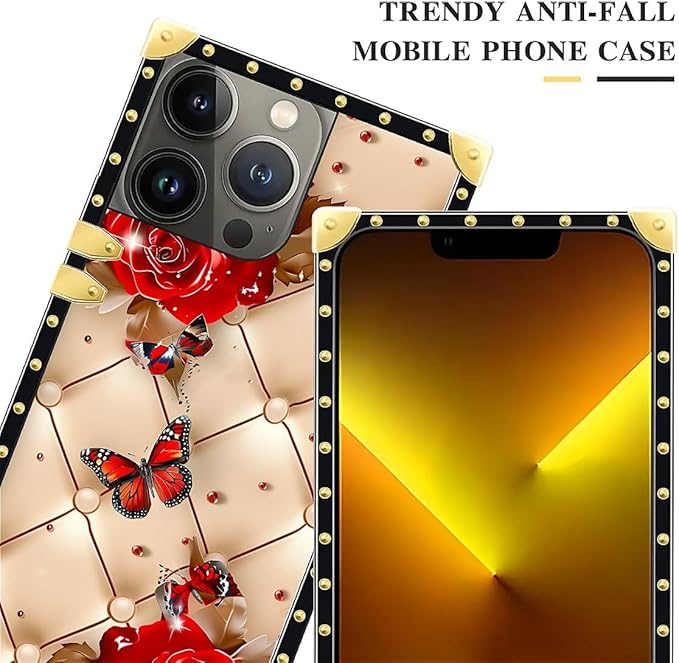 Compatible with iPhone 13 Pro Max Case, Shining Red Rose Butterfly Leather Background Luxury Golden Decoration for Girl Women Soft TPU Shockproof Protective Hard PC Back
