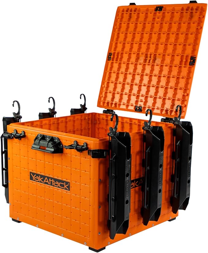 YakAttack BlackPak Pro 16" x 16" Kayak Fishing Crate with 6 Rod Holders - Orange | Tackle Storage Box & Fishing Gear Organizer | Lightweight, Durable & Customizable Kayak Fishing Accessory