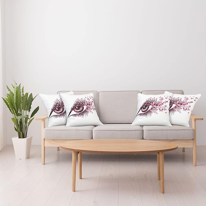 Ambesonne Butterflies Throw Pillow Cushion Case Pack of 4, Female Eye Eyelashes Mascara Stare Party Makeup Animal Print, Modern Accent Double-Sided Digital Printing, 20", Pink White