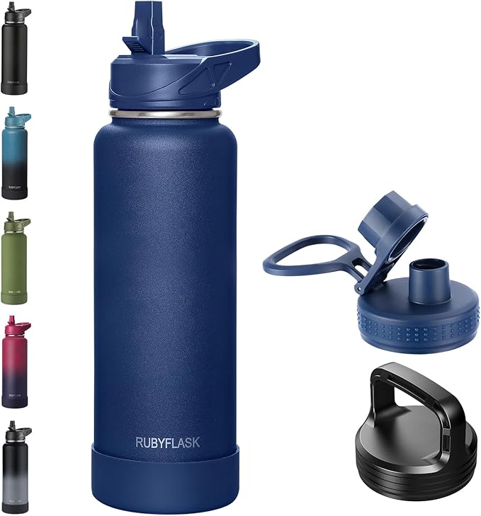 RUBYFLASK 40oz Insulated Water Bottle with Straw, Stainless Steel Metal Vacuum Water Flask, Large Thermal Water bottle with Leakproof 3 Lids for Travel, Camping, Gym Sports Navy