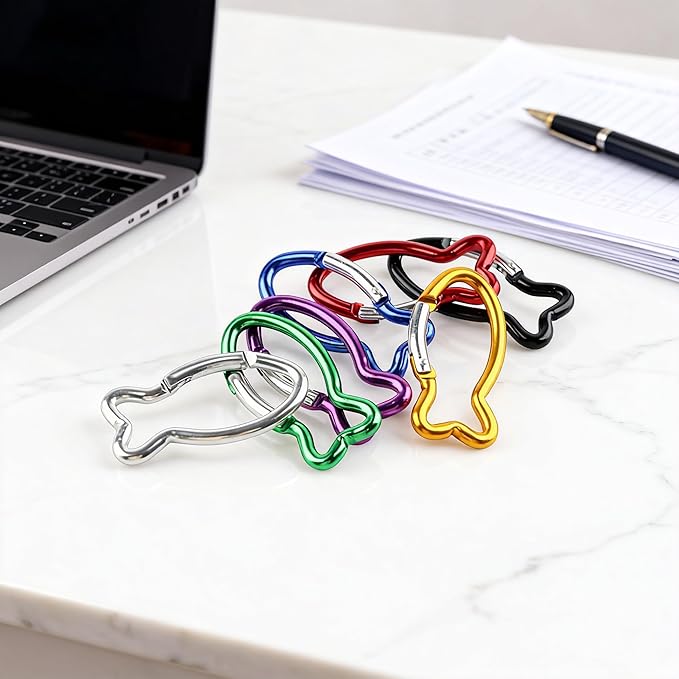 7Pcs Cute Fish Shape Carabiner Clips, 2.4inch Colorful Mini Aluminum Alloy Spring Keychain Key Ring