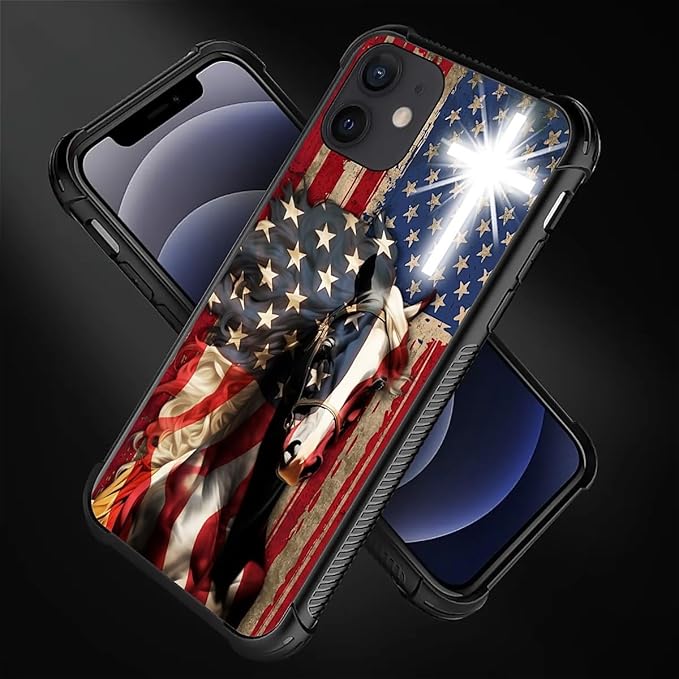 for iPhone 12 Mini Case, Red American Flag Horse Cross Pattern Made of Soft Silicone Hard Acrylic Shock Protection for iPhone 12 Mini